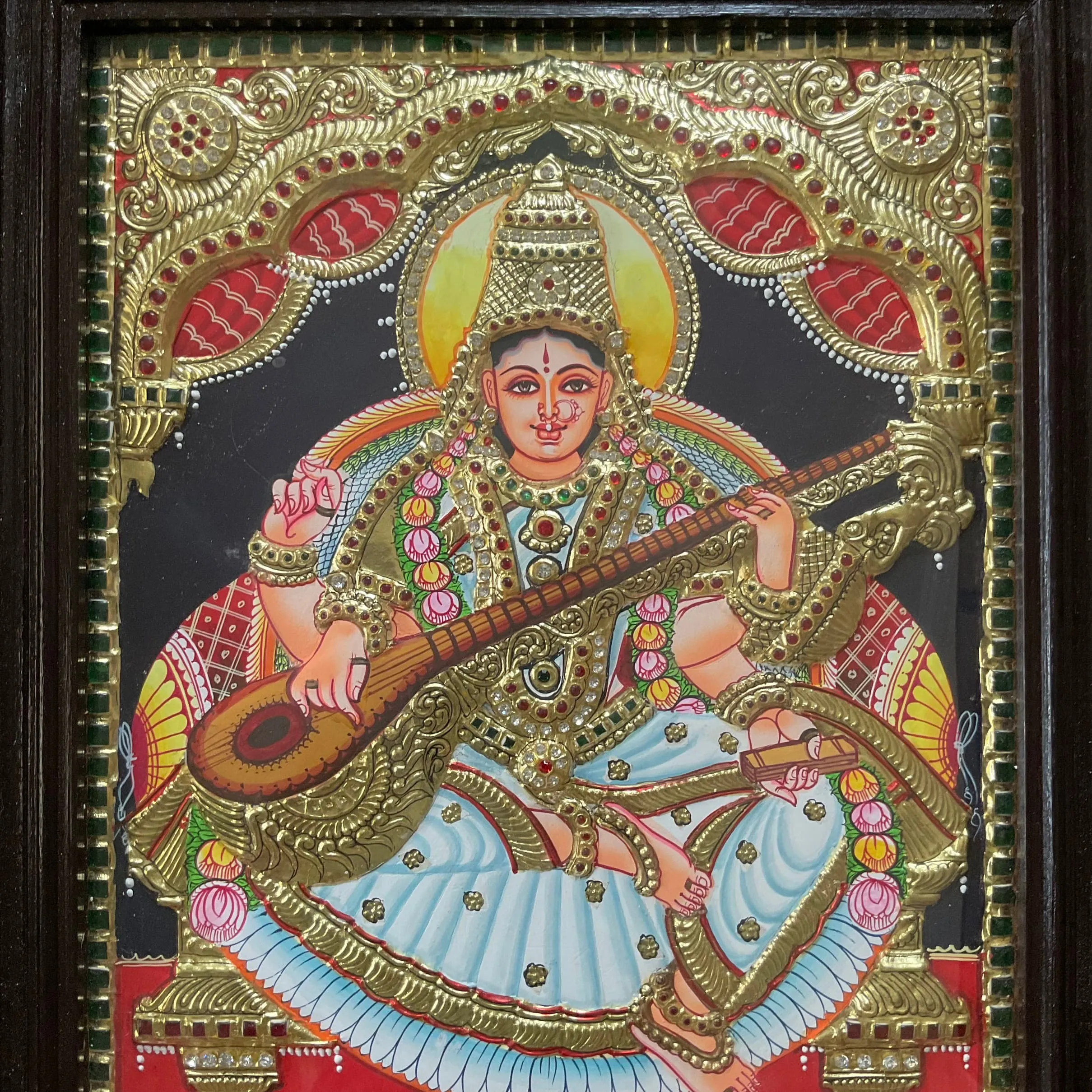 Goddess Saraswati 3D Tanjore Painting - Traditional Wall Art