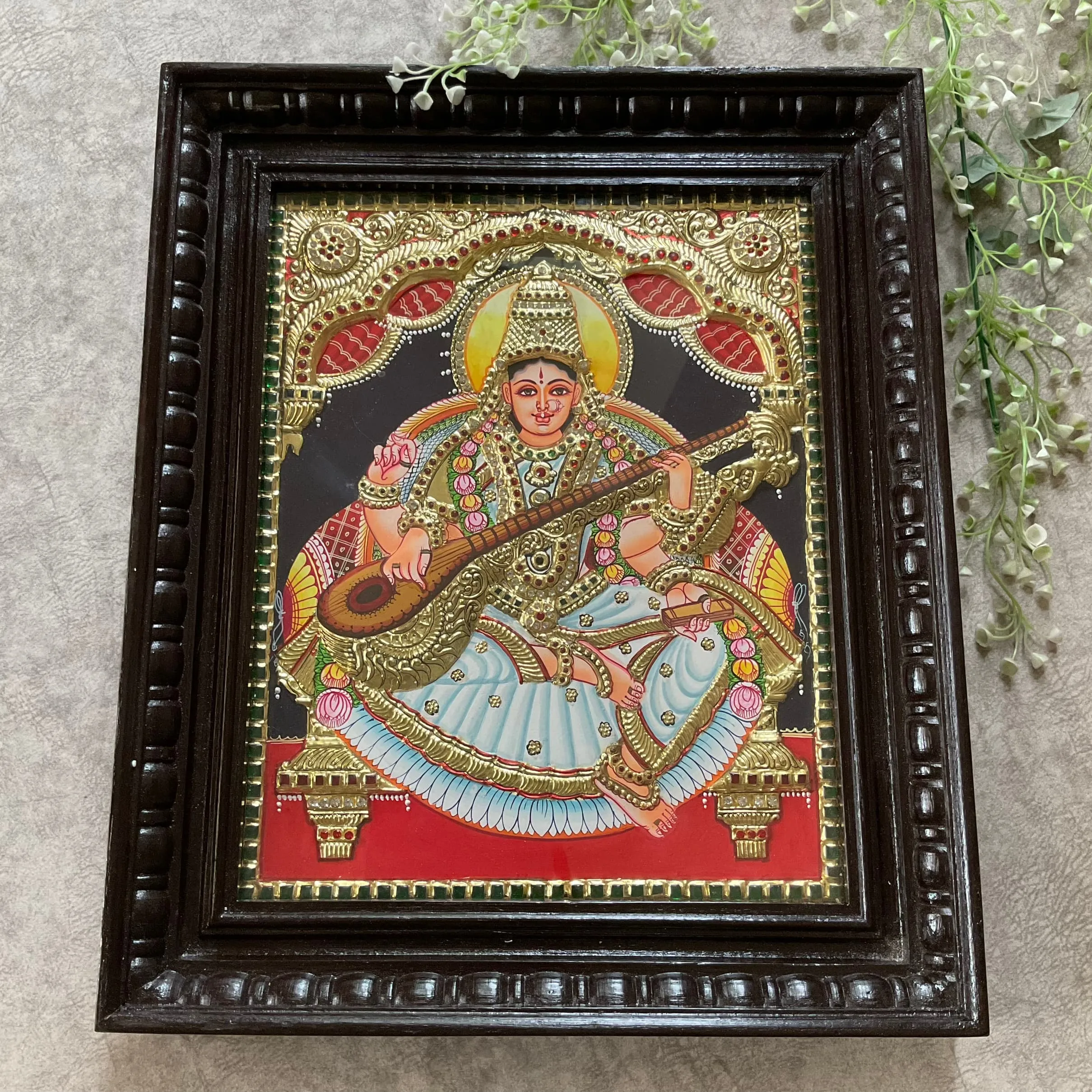 Goddess Saraswati 3D Tanjore Painting - Traditional Wall Art