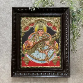 Goddess Saraswati 3D Tanjore Painting - Traditional Wall Art