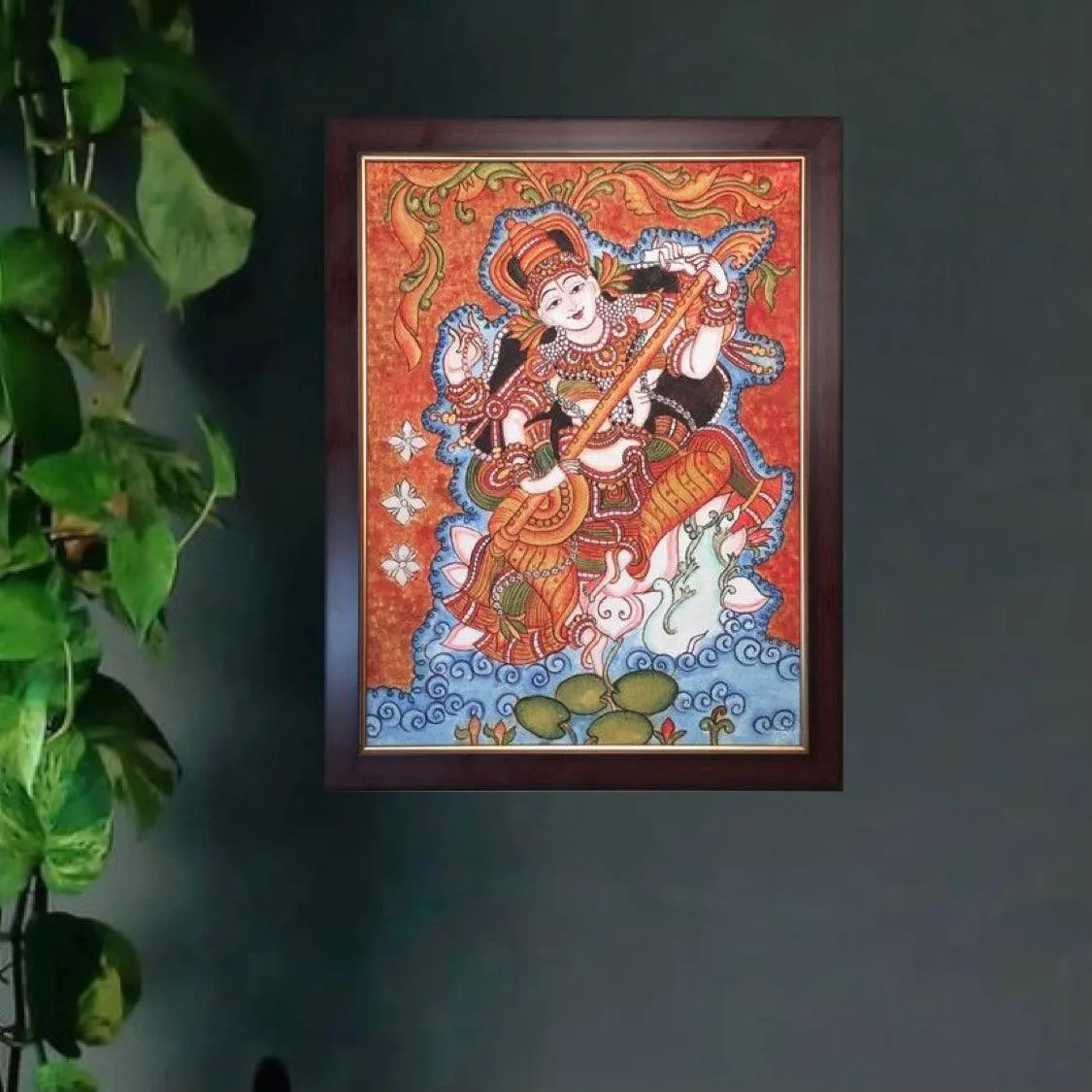 Goddess Saraswati Kerala Mural - Handpainted Wall Decor