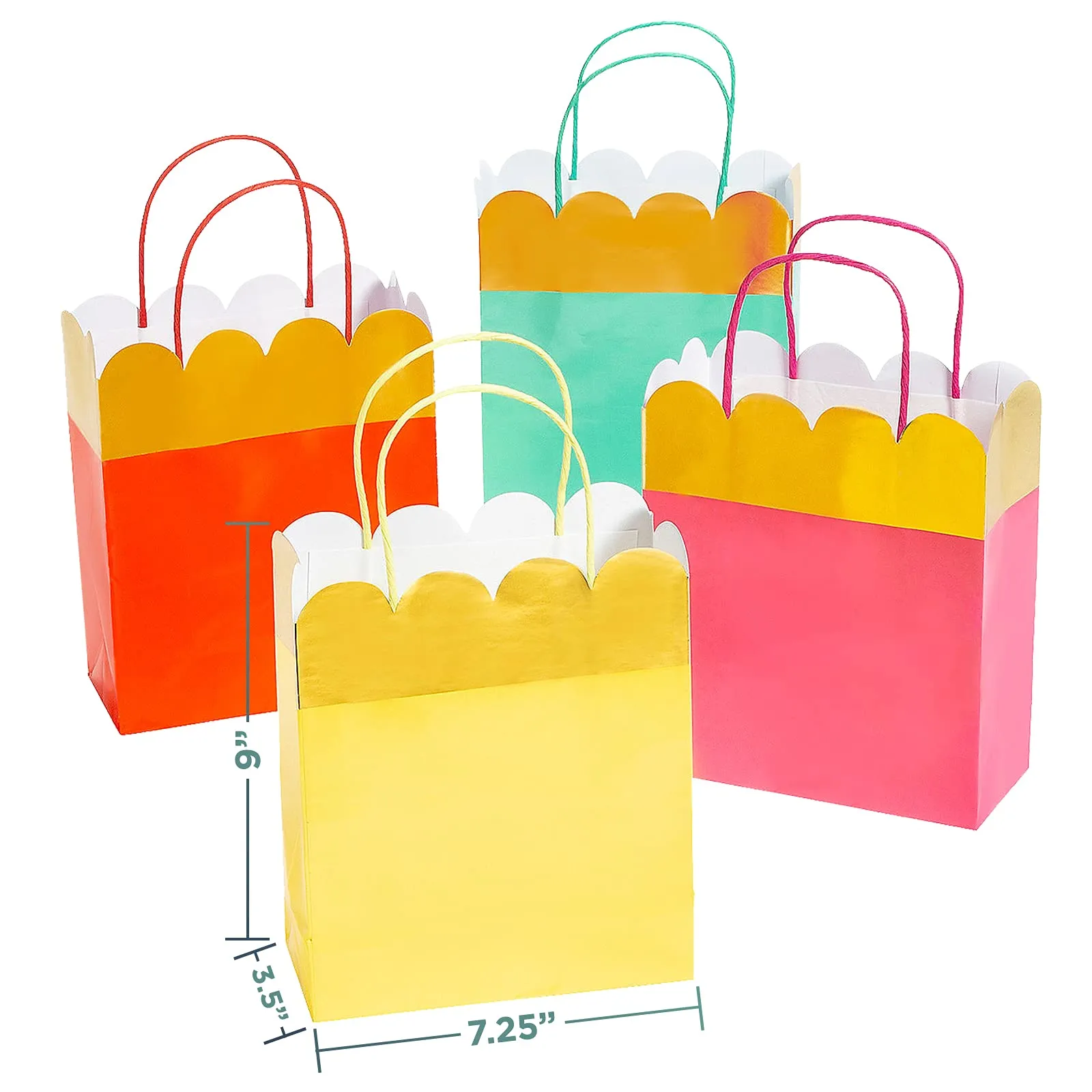 Happy Day Paper Gift Bags and Party Favor Bags with Gold Trim and Iridescent Curling Ribbon, Medium Size 7 1/4 x 3 1/2 x 9 (12 Pack)