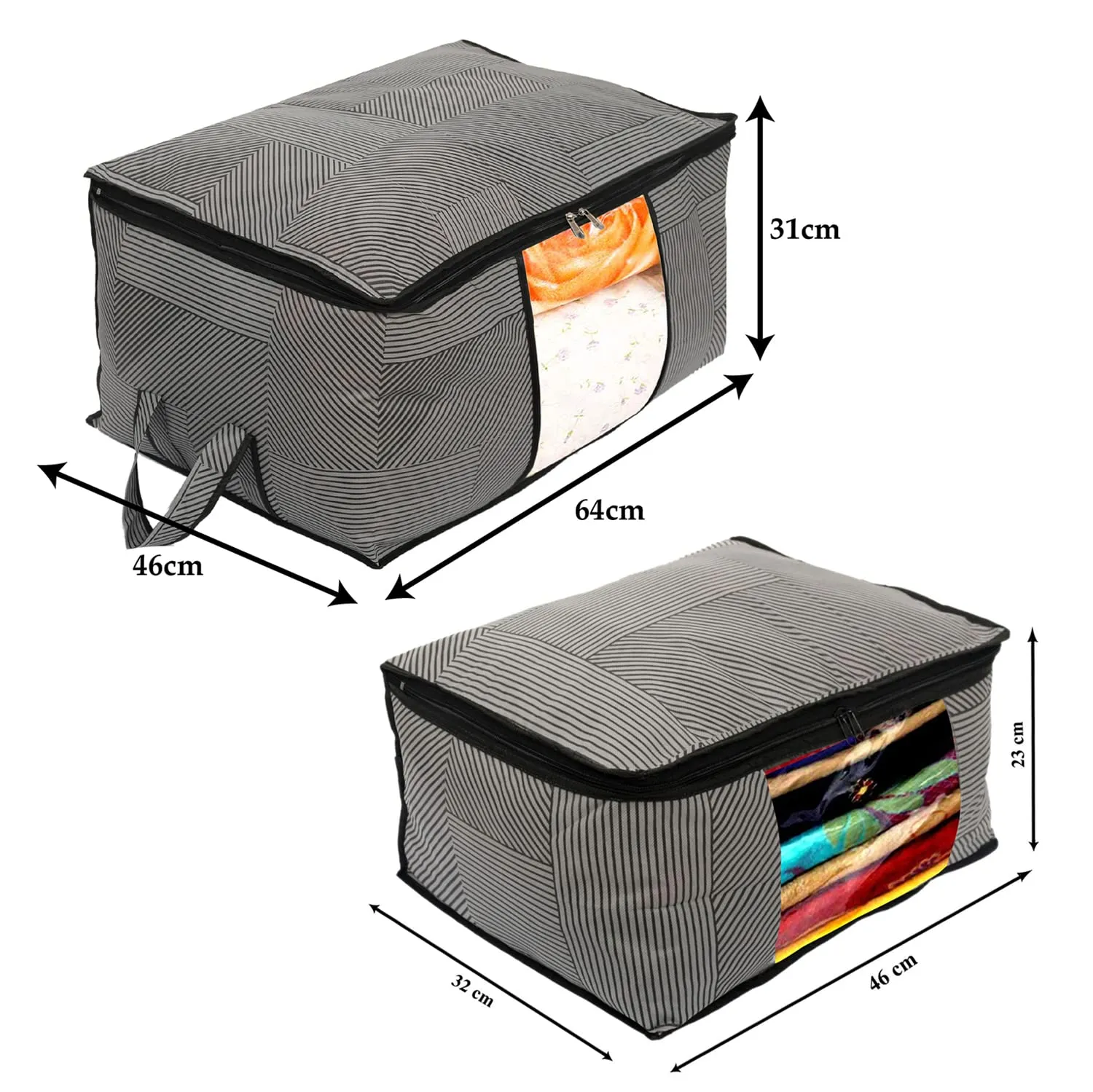 Heart Home Non-Woven Lining Print 2 Pieces Underbed Storage Bag & 2 Pieces Saree Cover With Transparent Window, Pack of 4 (Gray)