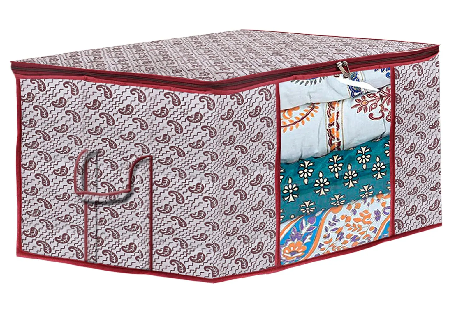 Heart Home Paisley Design Non-woven Foldable Underbed/Storage Bag/Wardrobe Organizer With Transparent Window- Pack of 12 (White)-44HH0475