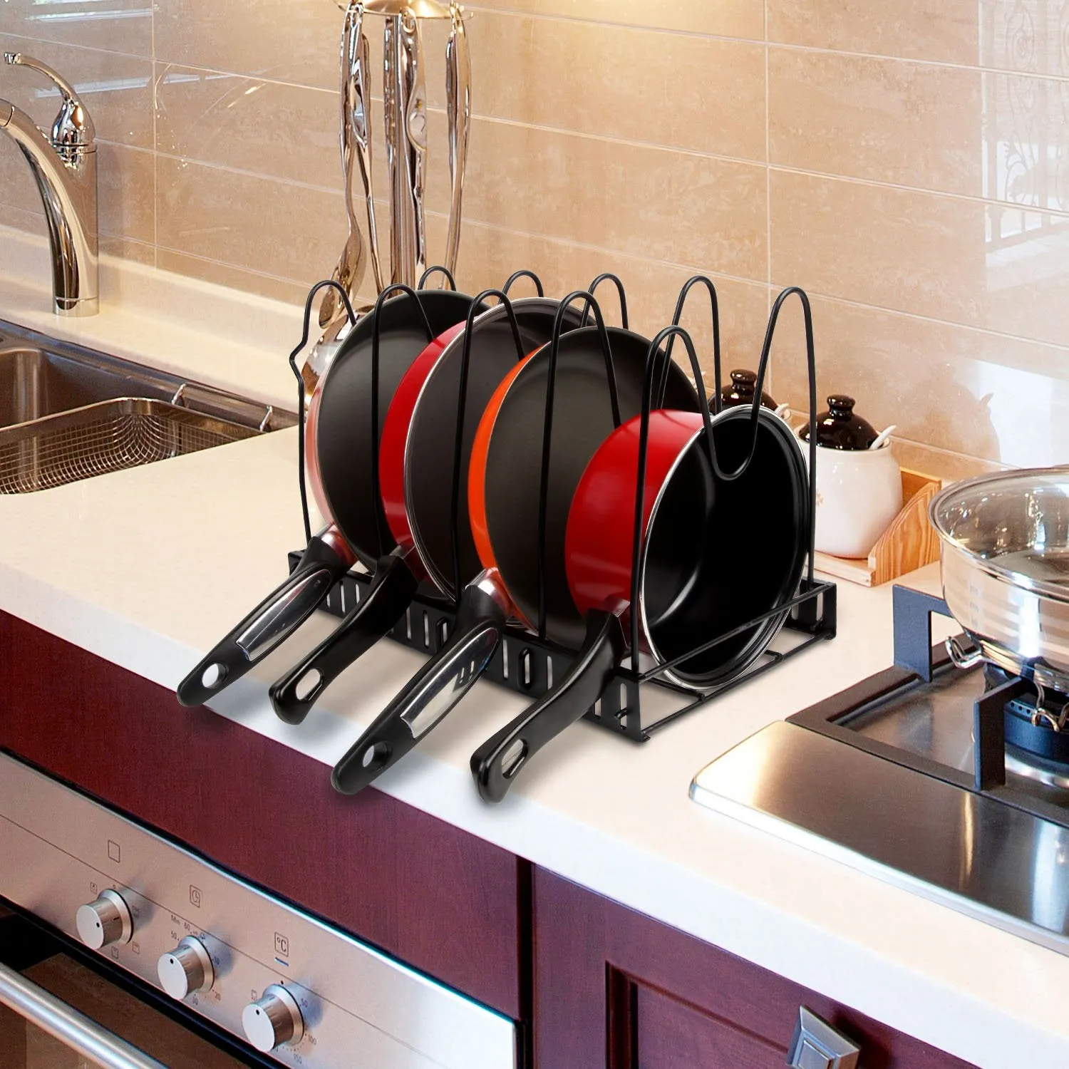 Height Adjustable Pan Organizer Rack For Under Cabinet, Pan And Pot Lid Holder Black