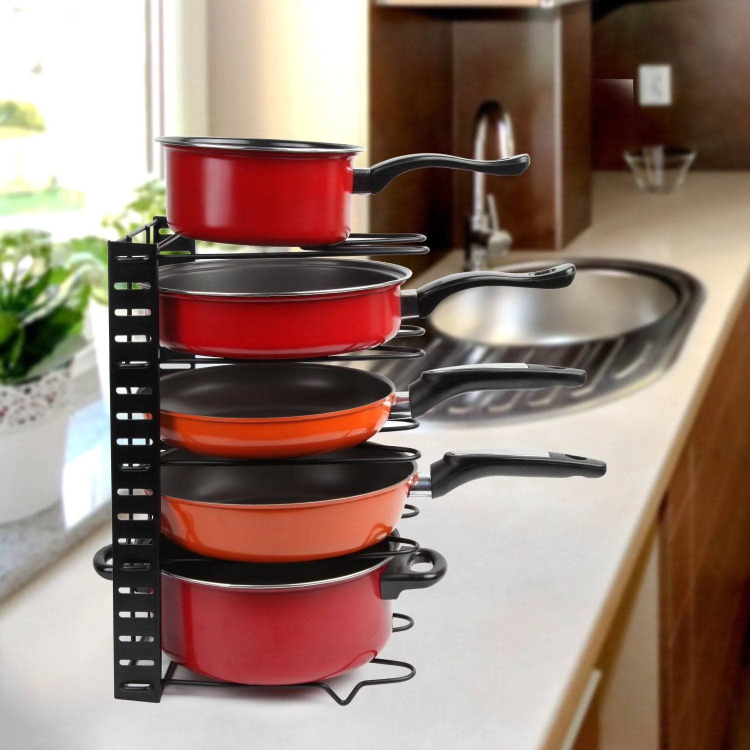 Height Adjustable Pan Organizer Rack For Under Cabinet, Pan And Pot Lid Holder Black