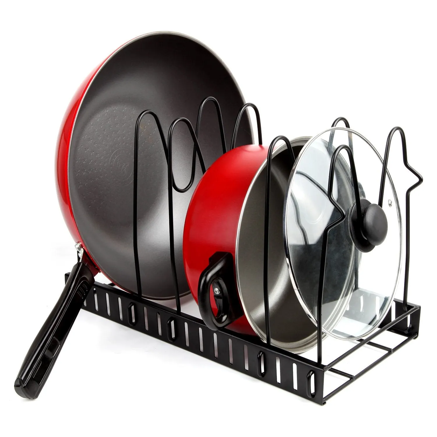 Height Adjustable Pan Organizer Rack For Under Cabinet, Pan And Pot Lid Holder Black