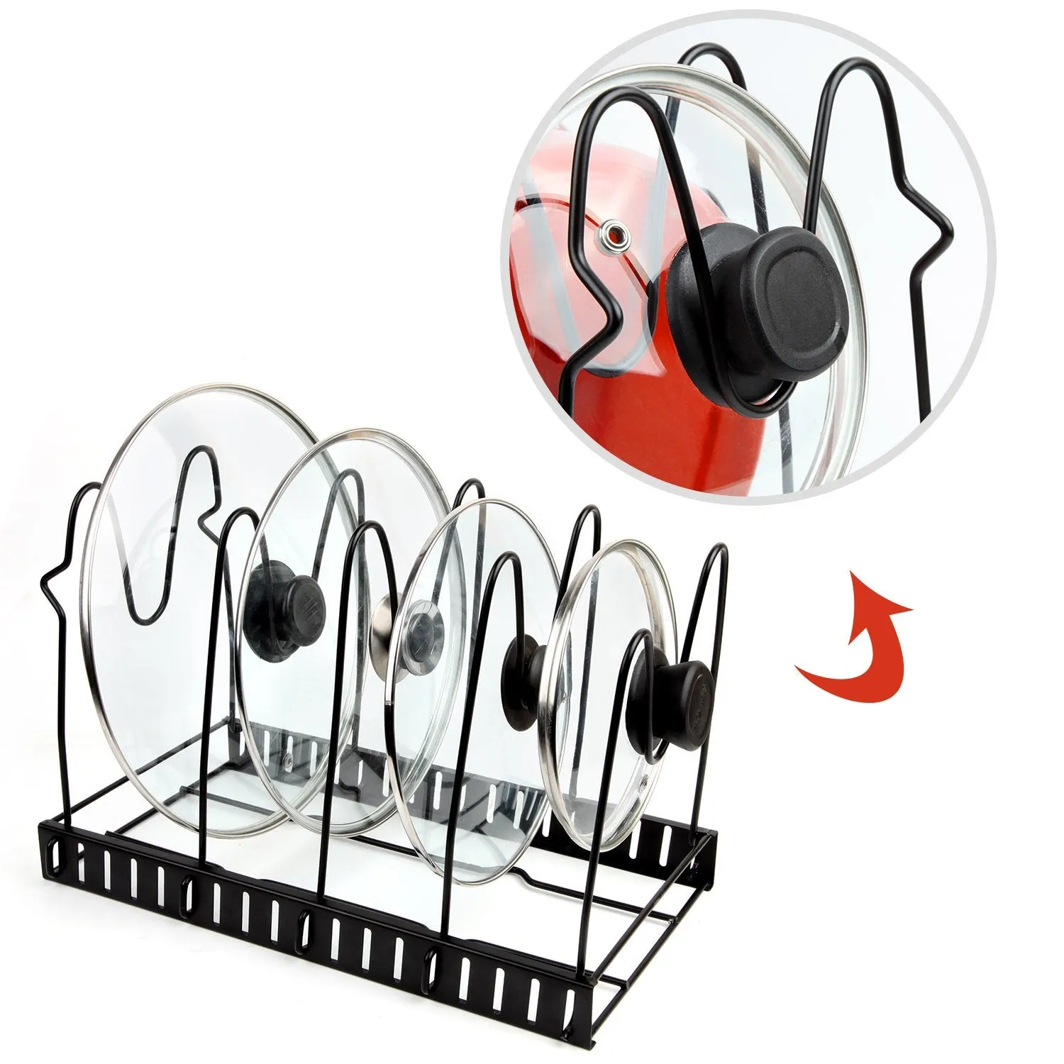 Height Adjustable Pan Organizer Rack For Under Cabinet, Pan And Pot Lid Holder Black