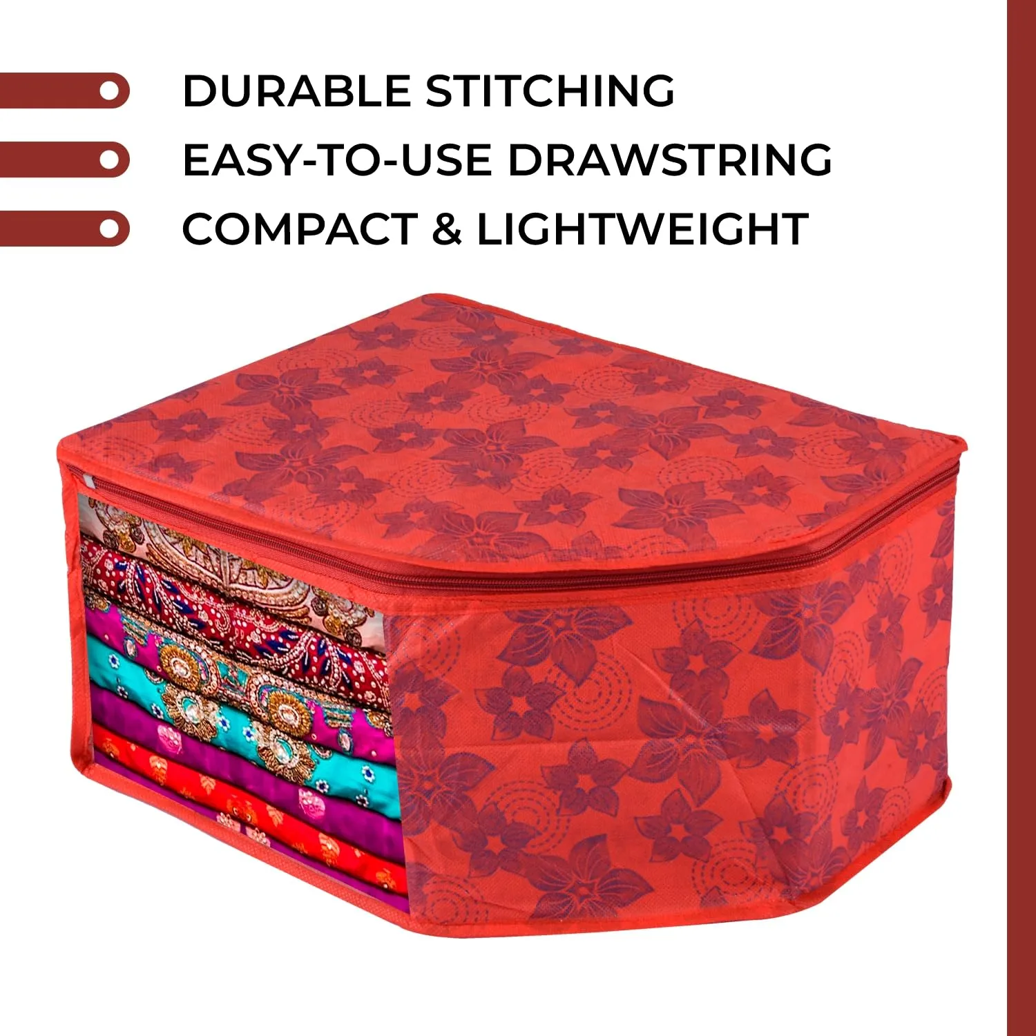 Kuber Industries Blouse Cover | Clothes Storage Bag | Zipper Wardrobe Organizers | Non-Woven Clothes Organiser | Side Transparent Blouse Organizer | New Flower-Design | Pack of 9 | Red