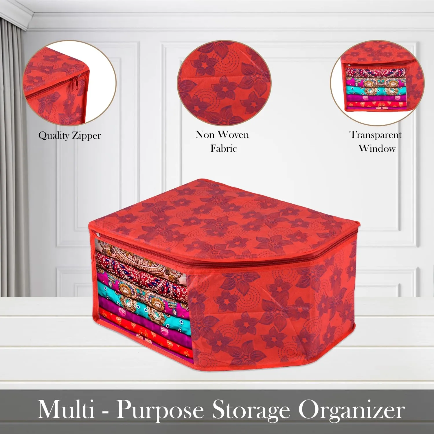 Kuber Industries Blouse Cover | Clothes Storage Bag | Zipper Wardrobe Organizers | Non-Woven Clothes Organiser | Side Transparent Blouse Organizer | New Flower-Design | Pack of 9 | Red