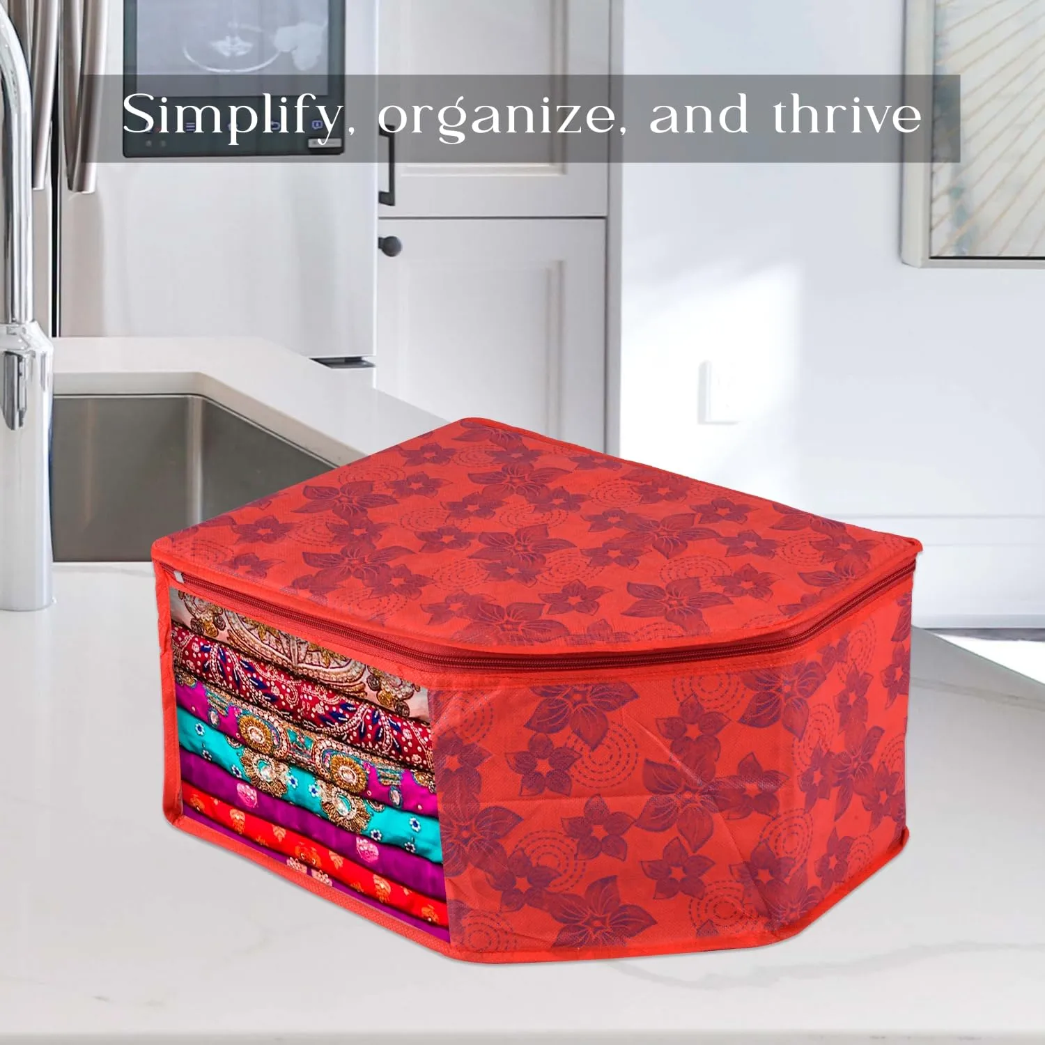 Kuber Industries Blouse Cover | Clothes Storage Bag | Zipper Wardrobe Organizers | Non-Woven Clothes Organiser | Side Transparent Blouse Organizer | New Flower-Design | Pack of 9 | Red