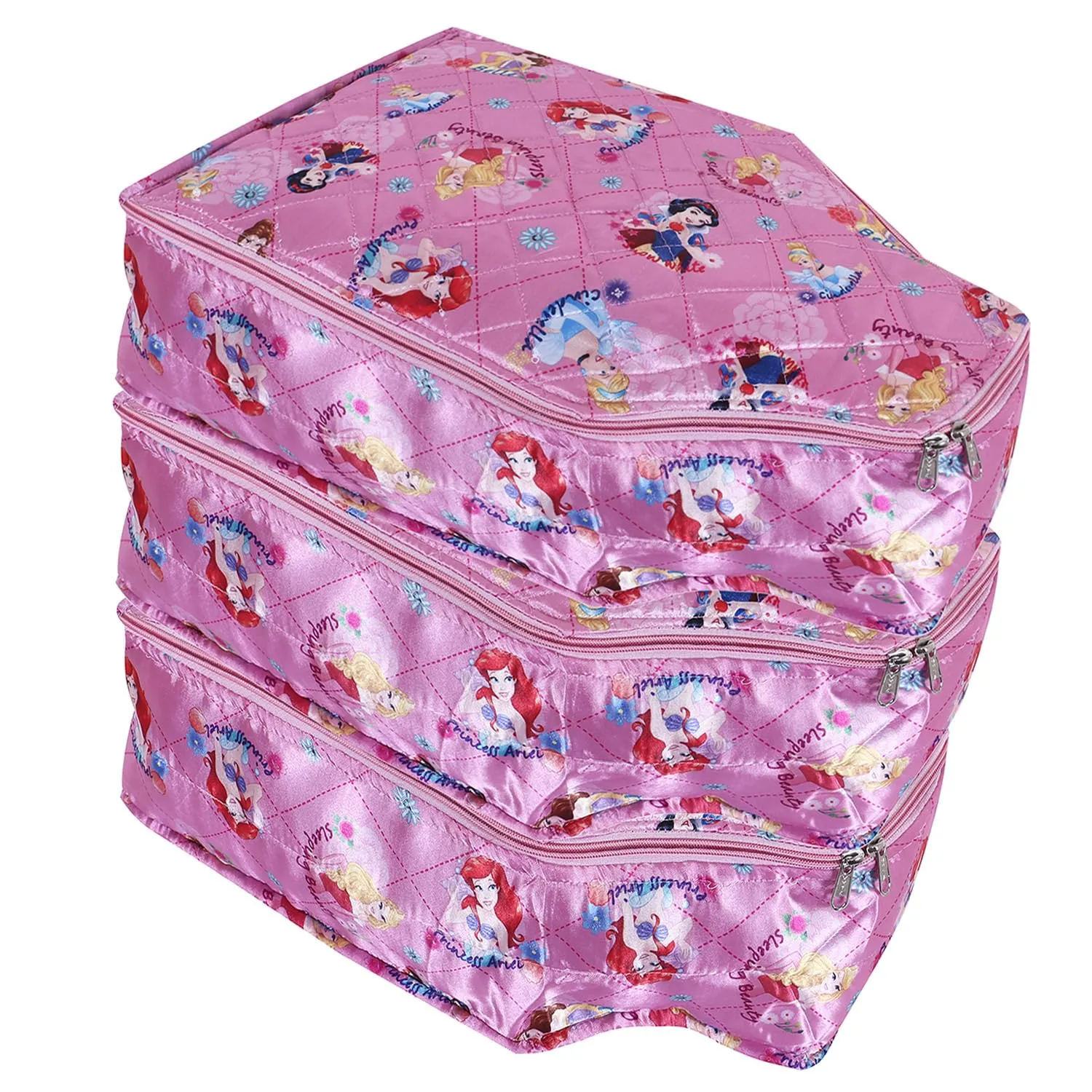 Kuber Industries Disney Princess Blouse Cover | Satin Digital Blouse Cover | Cloth Organizer for woman | Clothes Storage Bag | Double Zip wardrobe organizers | Pack of 3 | Pink