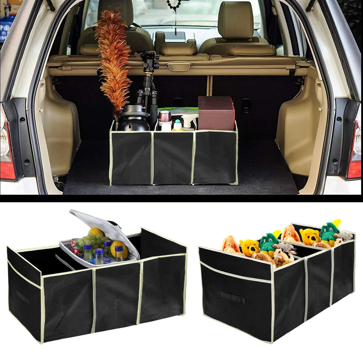 Kuber Industries Foldable Trunk Storage Organizer, Reinforced Handles, Suitable for Any Car, SUV, Mini-Van (Black)