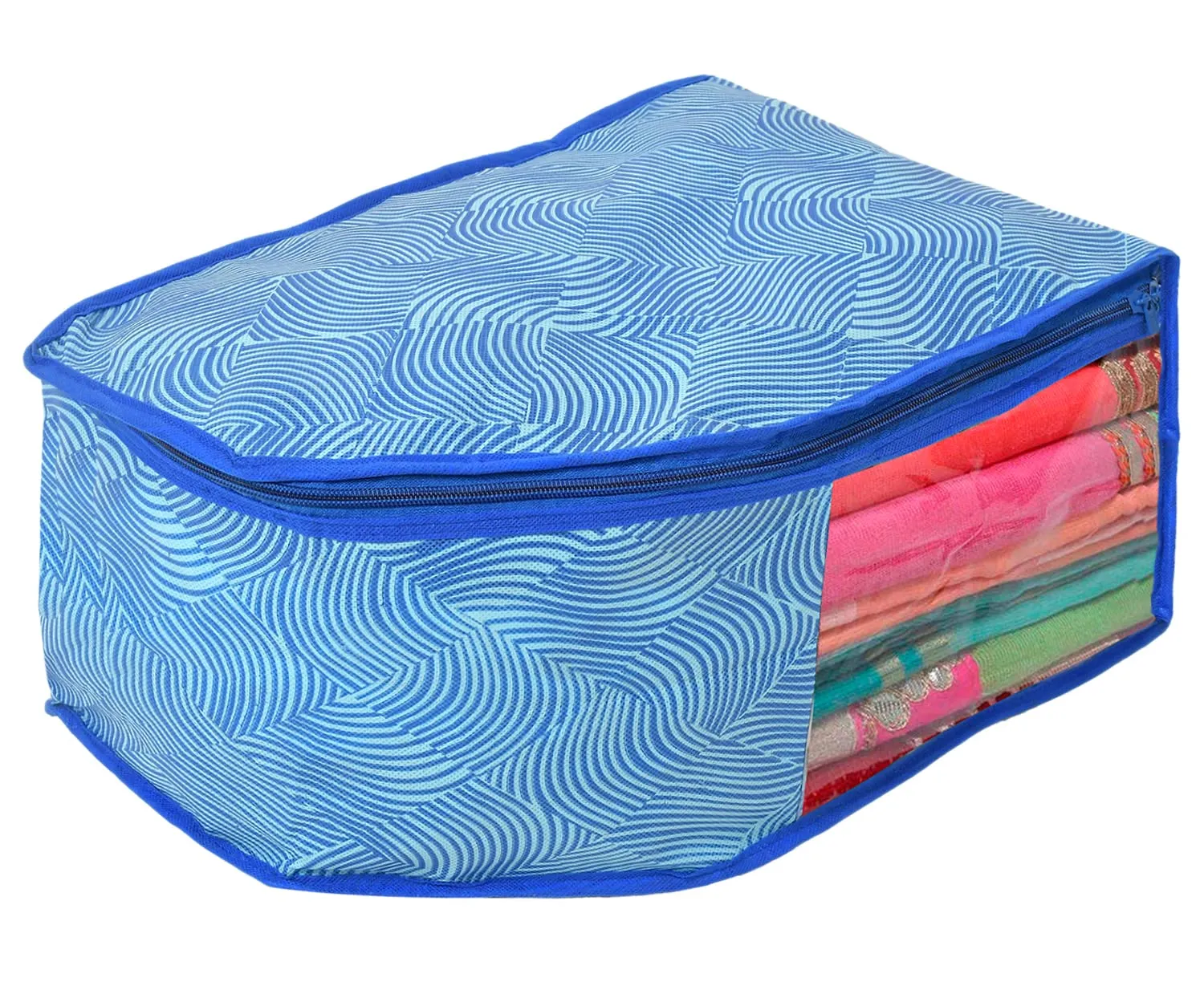 Kuber Industries Lahariya Printed Non-Woven Blouse Cover/Organizer With Front Window- Pack of 4 (Blue)-44KM0547