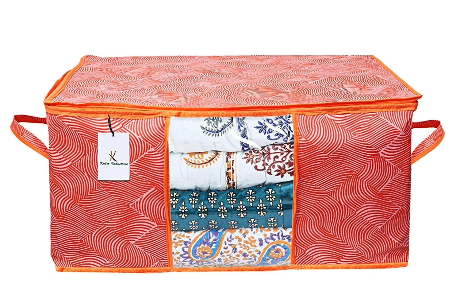 Kuber Industries Laheriya Design Non Woven Underbed Bag|Storage Organiser|Blanket Cover with Transparent Window|Storage Bag For Clothes Large|Pack of 2 (Orange)