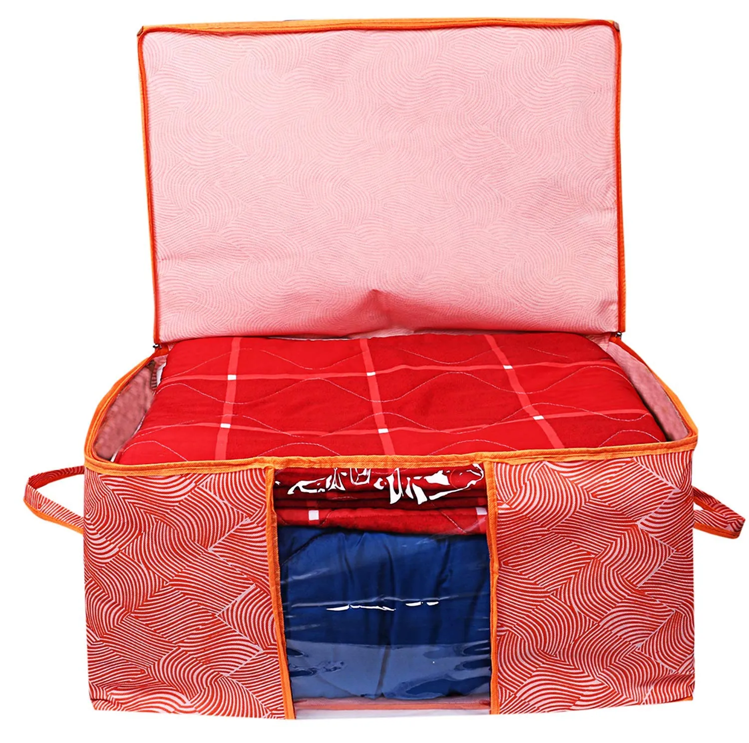 Kuber Industries Laheriya Design Non Woven Underbed Bag|Storage Organiser|Blanket Cover with Transparent Window|Storage Bag For Clothes Large|Pack of 2 (Orange)