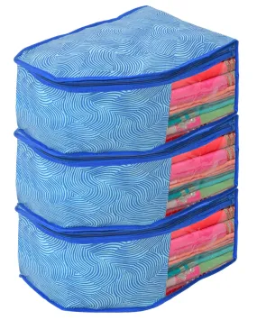 Kuber Industries Non-Woven Blouse Cover/Organizer|Lahariya Printed & Front Window|Size 38 x 26 x 20 CM|Pack of 3 (Blue)-44KM0545