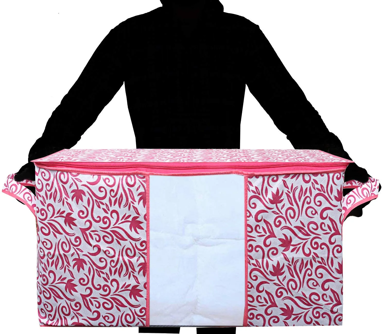 Kuber Industries Rectangular Leaf Design Non Woven 2 Pieces Underbed Storage Bag, Organizer, Blanket Cover (Pink, 65 Cm X 45 Cm X 31 Cm)