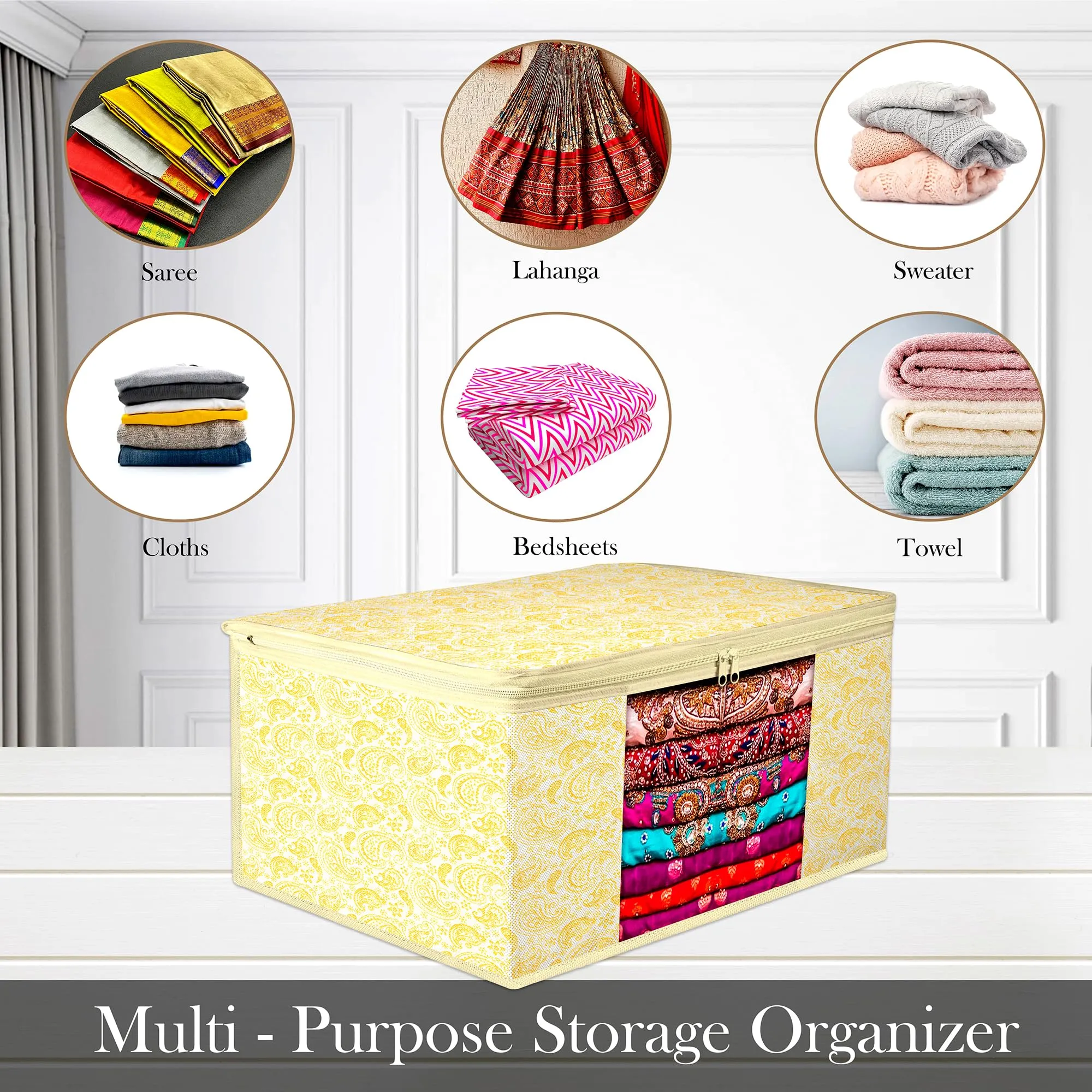 Kuber Industries Saree Cover & Blouse Cover Set | Saree & Blouse Organizer Combo Set | 2 Pieces Blouse & 2 Pieces Saree Cover Set | Zipper Closure | Carry-Design | Set of 4 | Yellow