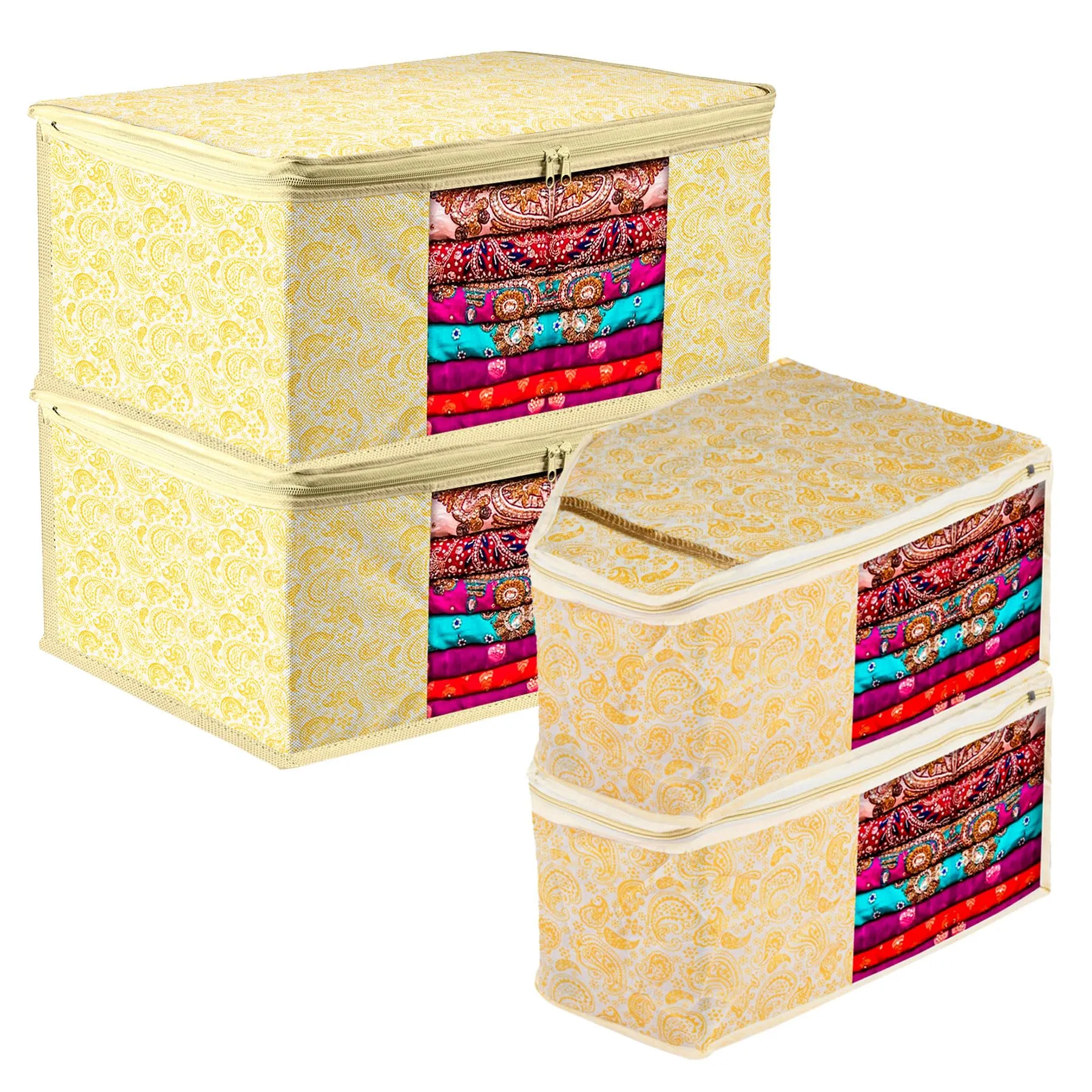 Kuber Industries Saree Cover & Blouse Cover Set | Saree & Blouse Organizer Combo Set | 2 Pieces Blouse & 2 Pieces Saree Cover Set | Zipper Closure | Carry-Design | Set of 4 | Yellow