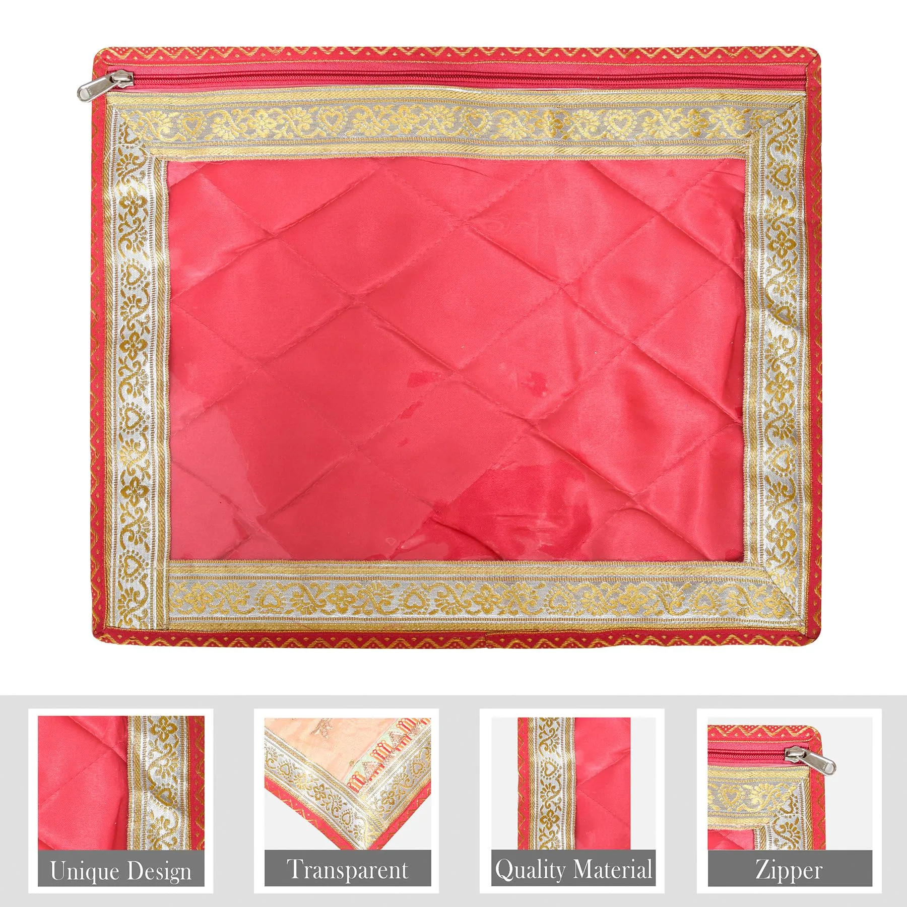 Kuber Industries Saree Cover | Clothes Storage Bag | Single Packing Saree with Zip Closure | Wardrobe Organizer | Cloth Stoarge Organizer | 4 Side Lace Saree Cover | Pack of 9 | Pink