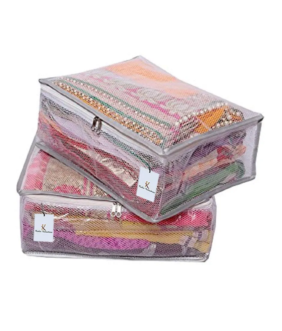 Kuber Industries Transparent Net Saree Covers With Zip|PVC Wardrobe Organizer For Clothes|Idol For Dresses, Suits, Baby Clothes|Pack of 2 (Grey)