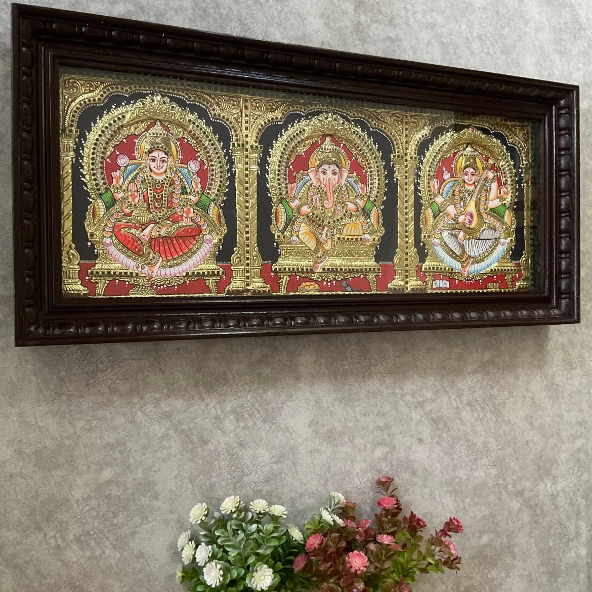 Laxmi Ganesha Saraswati Tanjore Painting - Traditional Wall Art