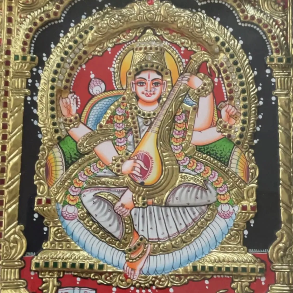 Laxmi Ganesha Saraswati Tanjore Painting - Traditional Wall Art