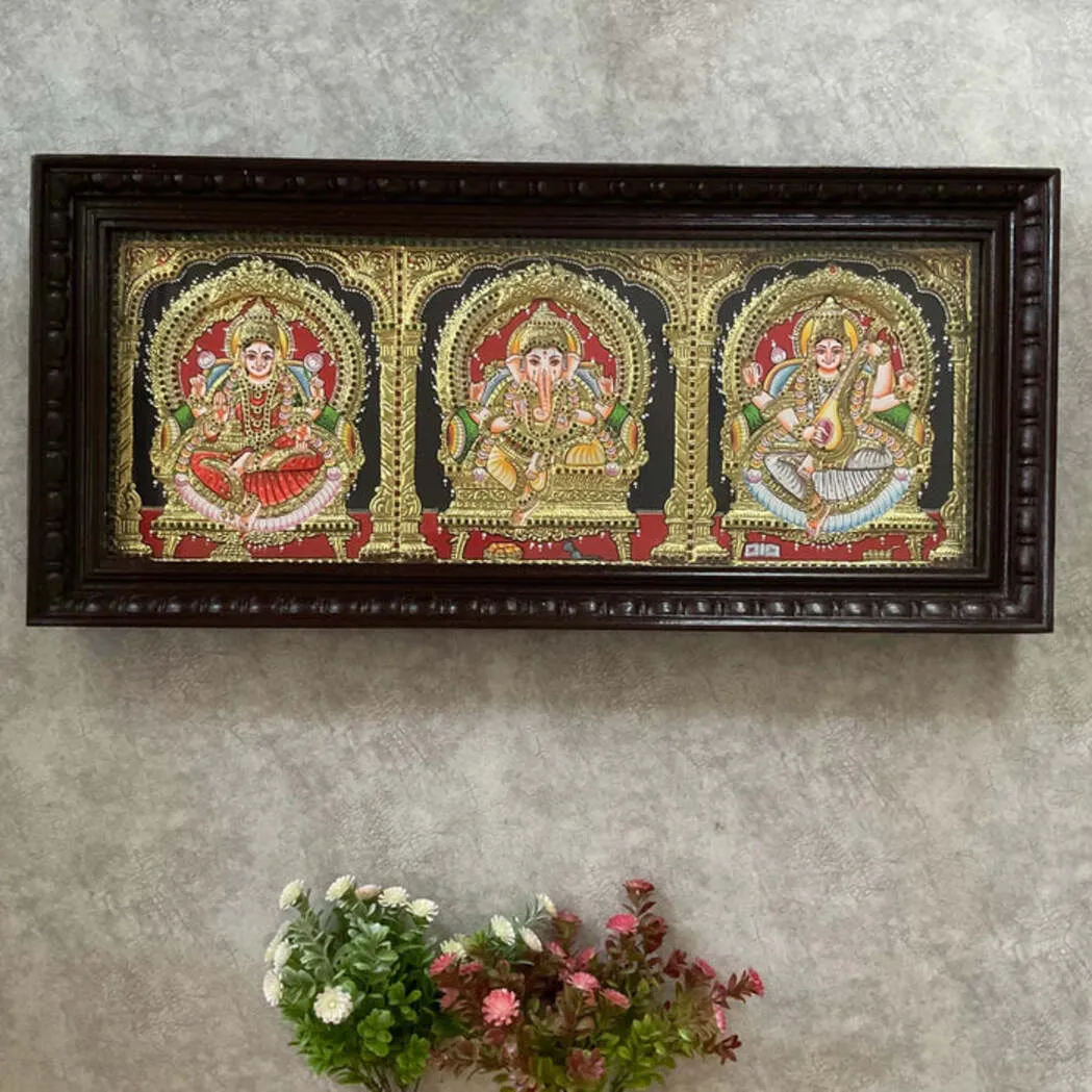 Laxmi Ganesha Saraswati Tanjore Painting - Traditional Wall Art