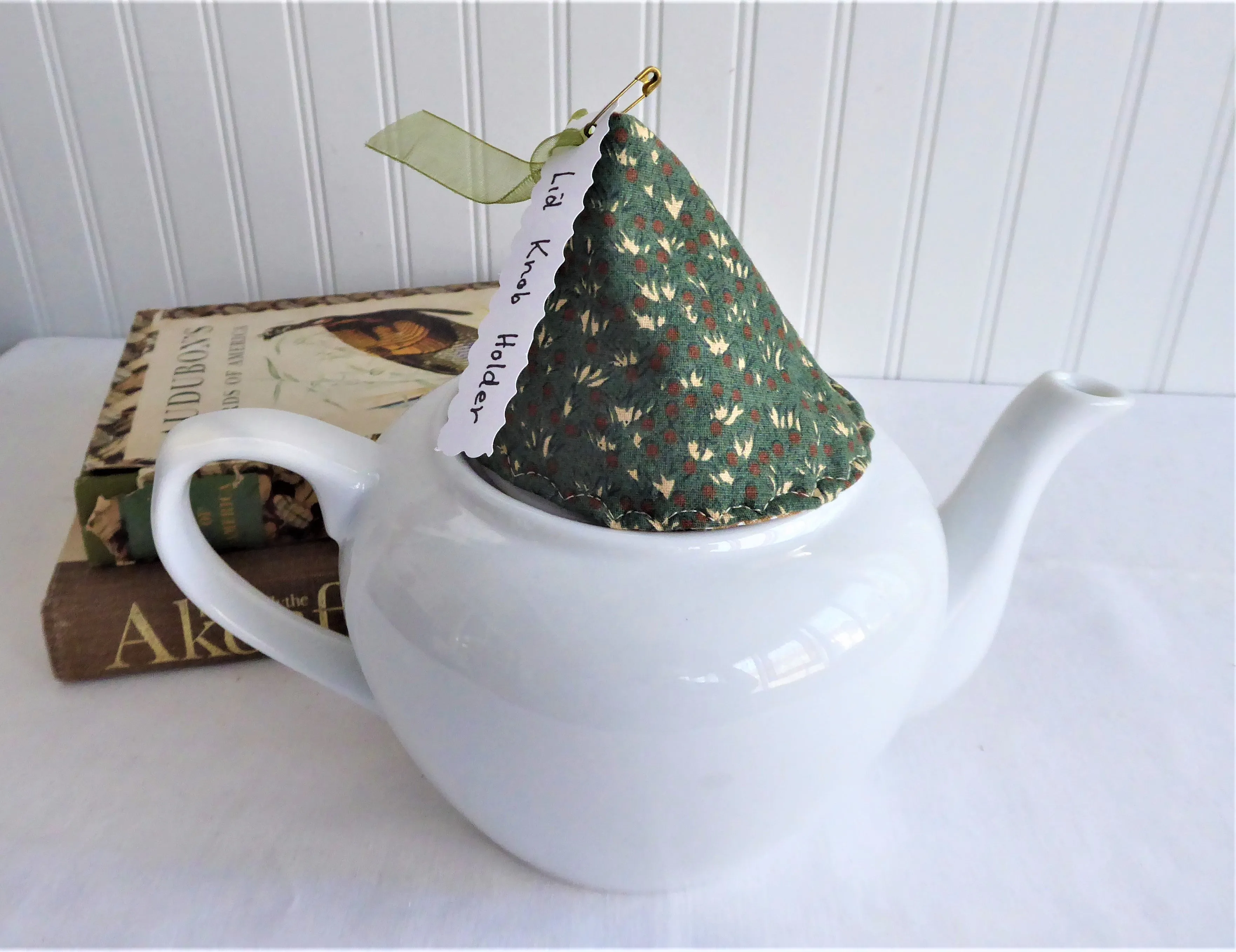 Lid Knob Holder Green Chintz Teapot Lid Holder Padded Tan Checks Inside