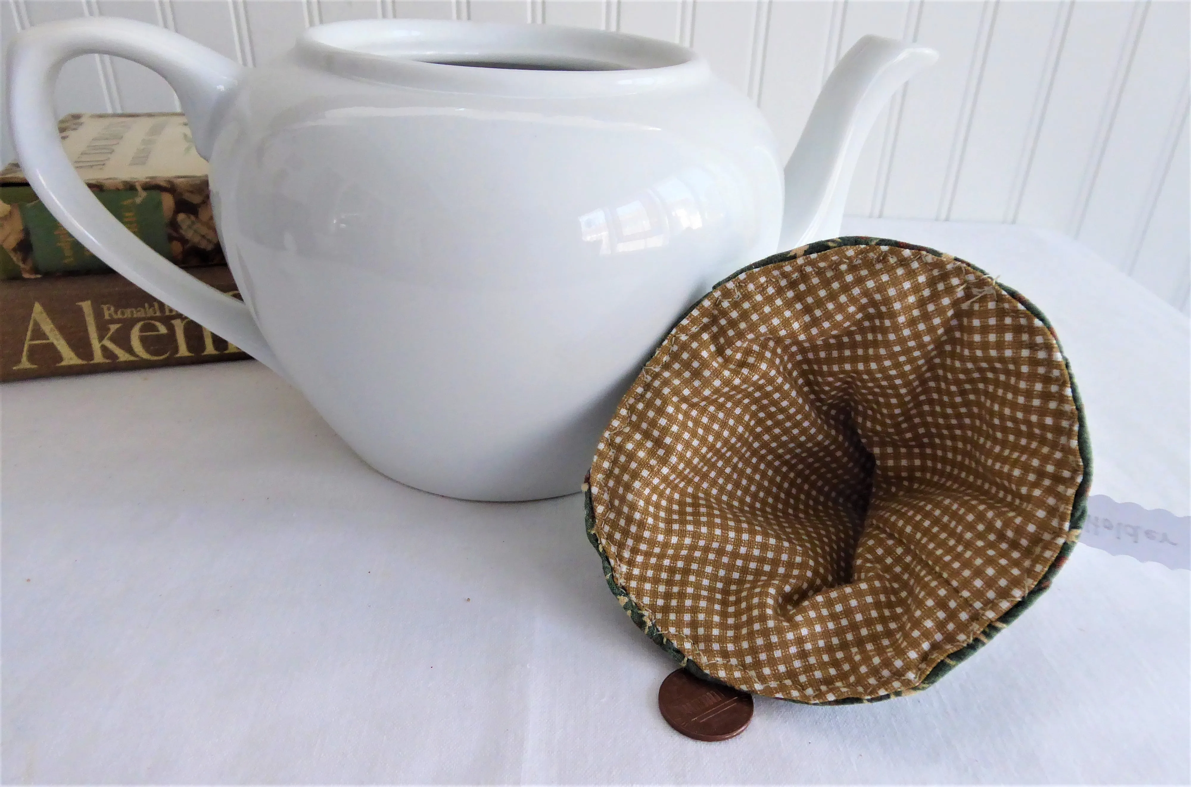 Lid Knob Holder Green Chintz Teapot Lid Holder Padded Tan Checks Inside