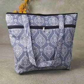 Medium Size Handbag Grey Colour with White Design Prints.