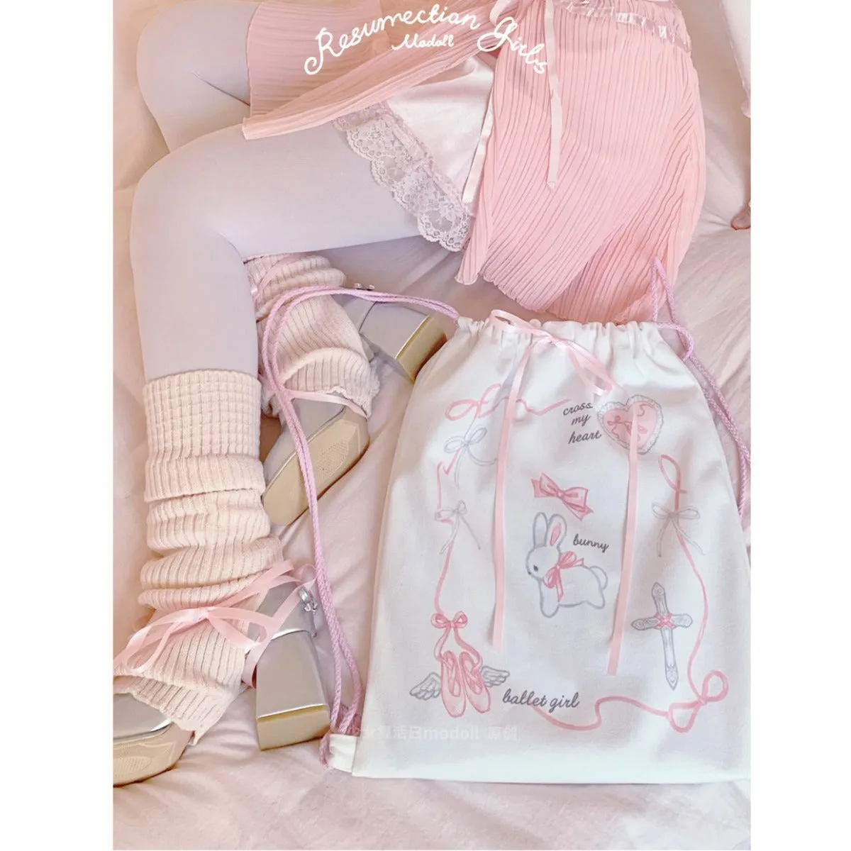 Original Angel Ballet Rabbit Niche Double Shoulder Drawstring Cloth Bag Ballet Style