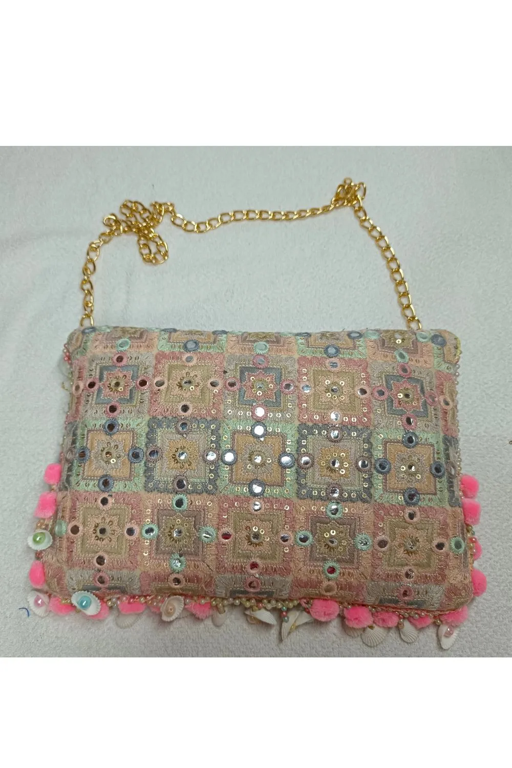 Peach Sequins And Faux Mirror Detailing Handbag