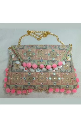 Peach Sequins And Faux Mirror Detailing Handbag