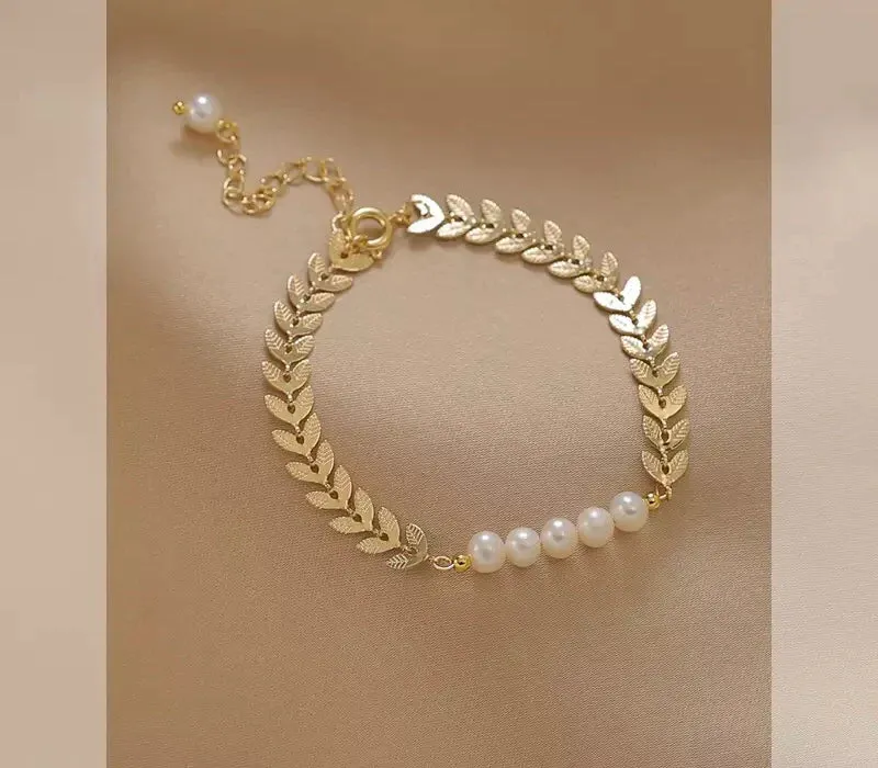 Pearl Leaf Shape Wheat Ear Bracelet Pearls Stainless steel Charm Bracelets