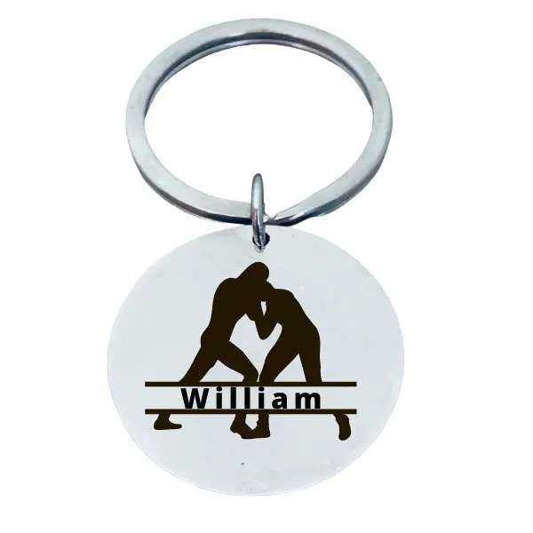 Personalized Engraved Wrestling Keychain - Round - Pick Style