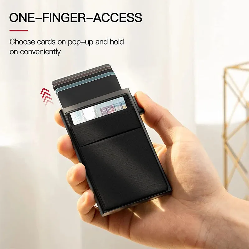 Pop Up Card Holder Wallet Metal Slim Bank Card Case with Money Pocket for Notes and Coins and Debit Cards