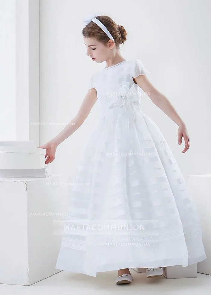 Scalloped Short Sleeve Ball Gown Organza First Communion Dress With Beading And Flower