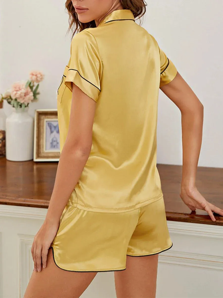 Short Sleeve Heart Embroidery Button Tops Elastic Shorts Lounge Satin Pajamas