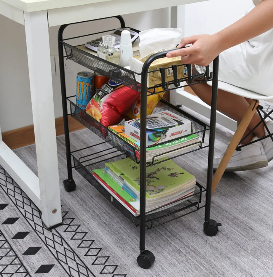 SOGA 3 Tier Steel Black Bee Mesh Kitchen Cart Multi-Functional Shelves Portable Storage Organizer with Wheels