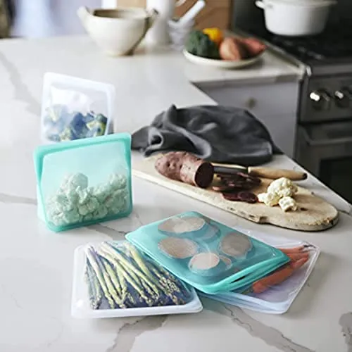 Stasher Silicone Reusable Storage Bag, Bundle 4-Pack Small (Aqua) | Food Meal Prep Storage Container | Lunch, Travel, Makeup, Gym Bag | Freezer, Oven, Microwave, Dishwasher Safe, Leakproof