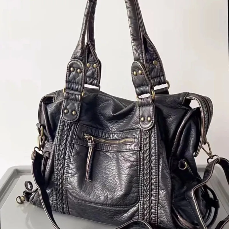 Trendy Black Large Crossbody Washed Leather Handbag