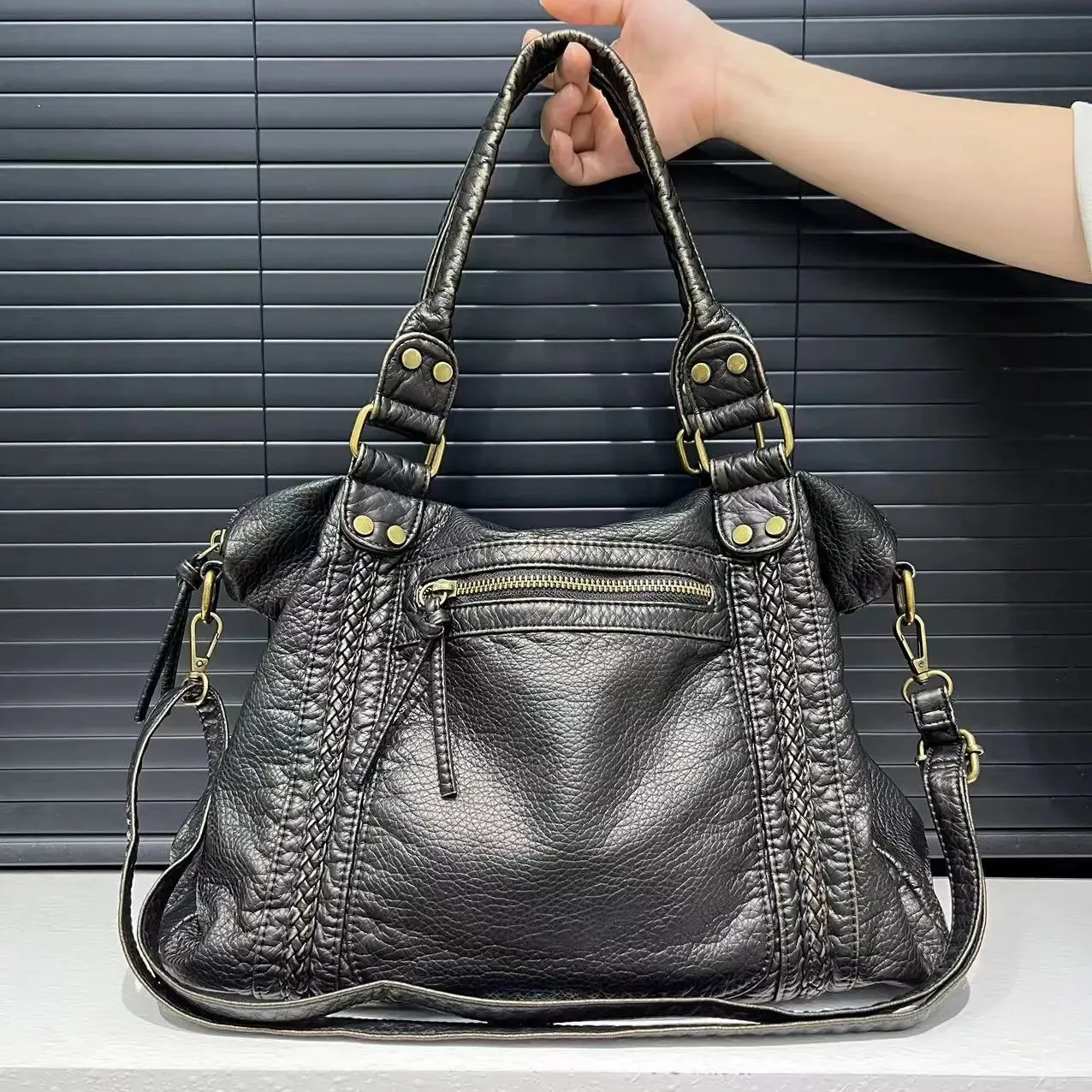 Trendy Black Large Crossbody Washed Leather Handbag