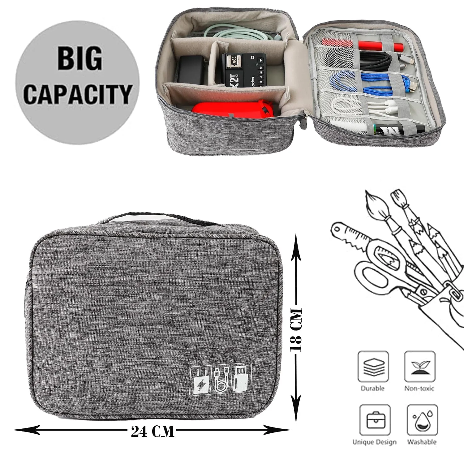 UMAI Portable Electronics Accessories Bag | Ideal Cable Organiser Bag for Cable, Charger, Cards, Plug | Travel Vanity Bag-Lightweight, Waterproof, Mutlipurpose, Adjustable compartments (Grey)