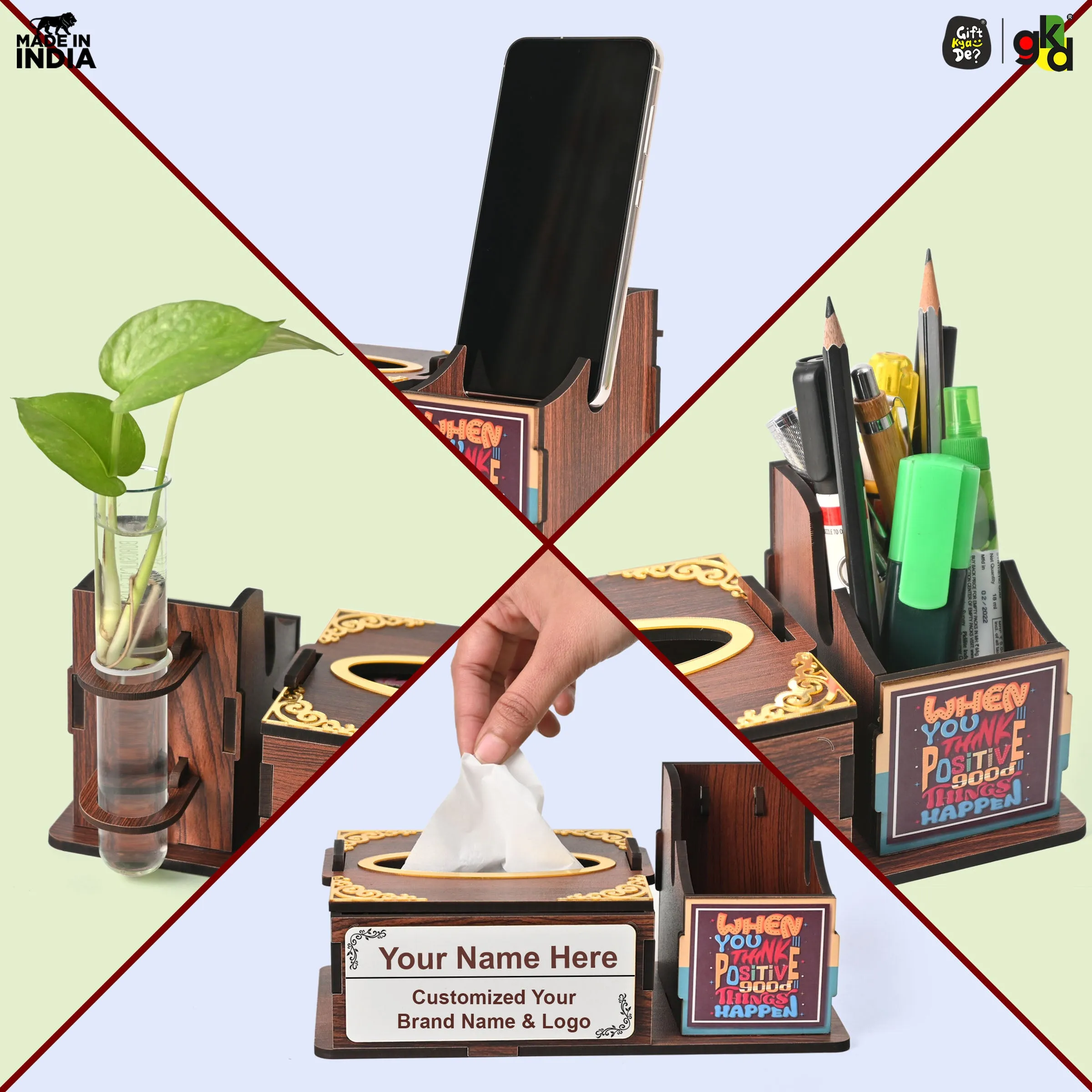 Wooden Desk Organizer with Tissue Holder and Test Tube Planter, Multipurpose Office and Home Desk Accessory – Customizable with Name and Logo