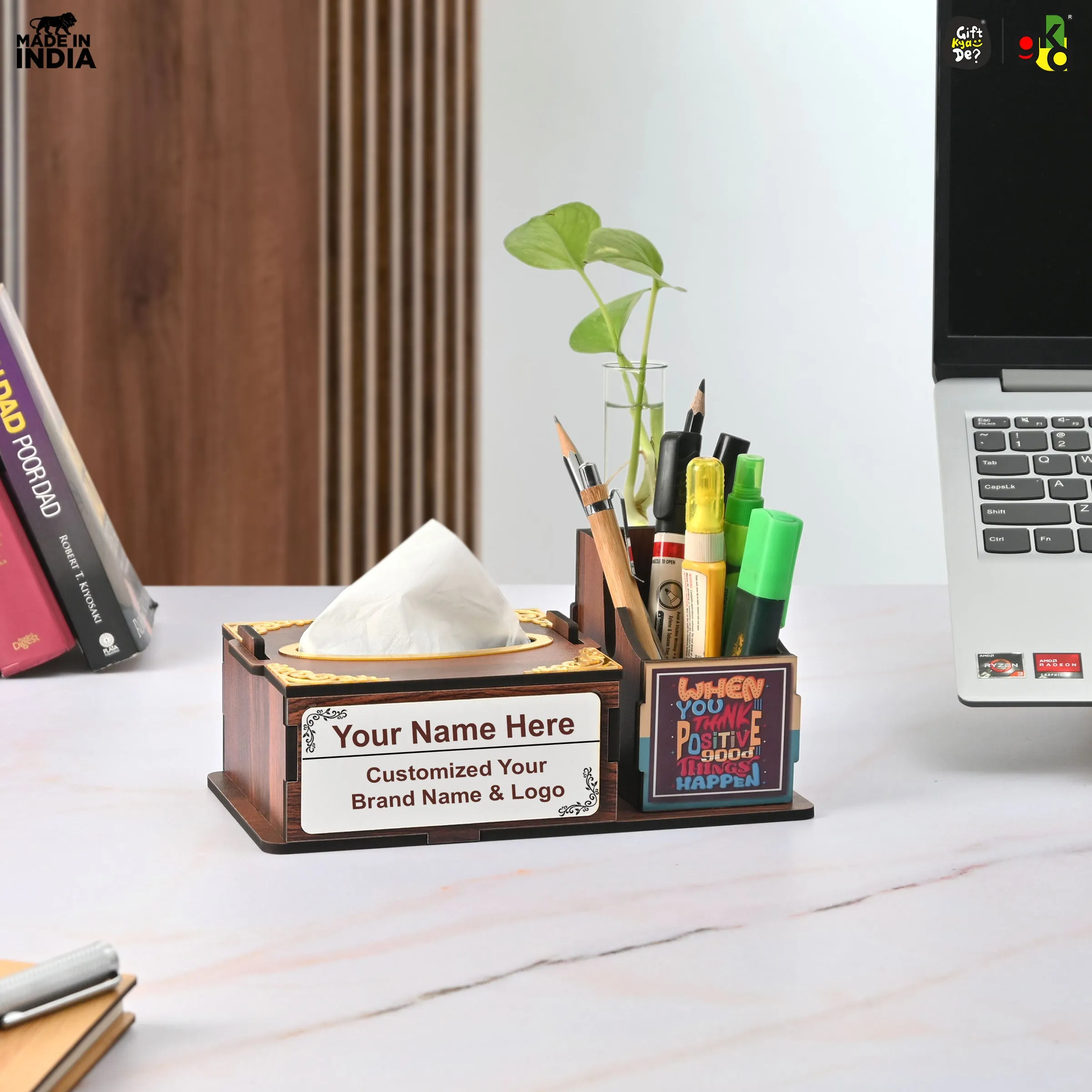 Wooden Desk Organizer with Tissue Holder and Test Tube Planter, Multipurpose Office and Home Desk Accessory – Customizable with Name and Logo