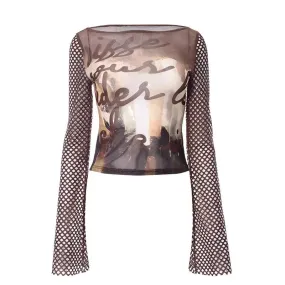 Y2k Sheer Crop Tops Abstract Brown Print Mesh Patchwork Fishnet Hollow Long Sleeve Tshirt Women Graphic Tees P85-AI13